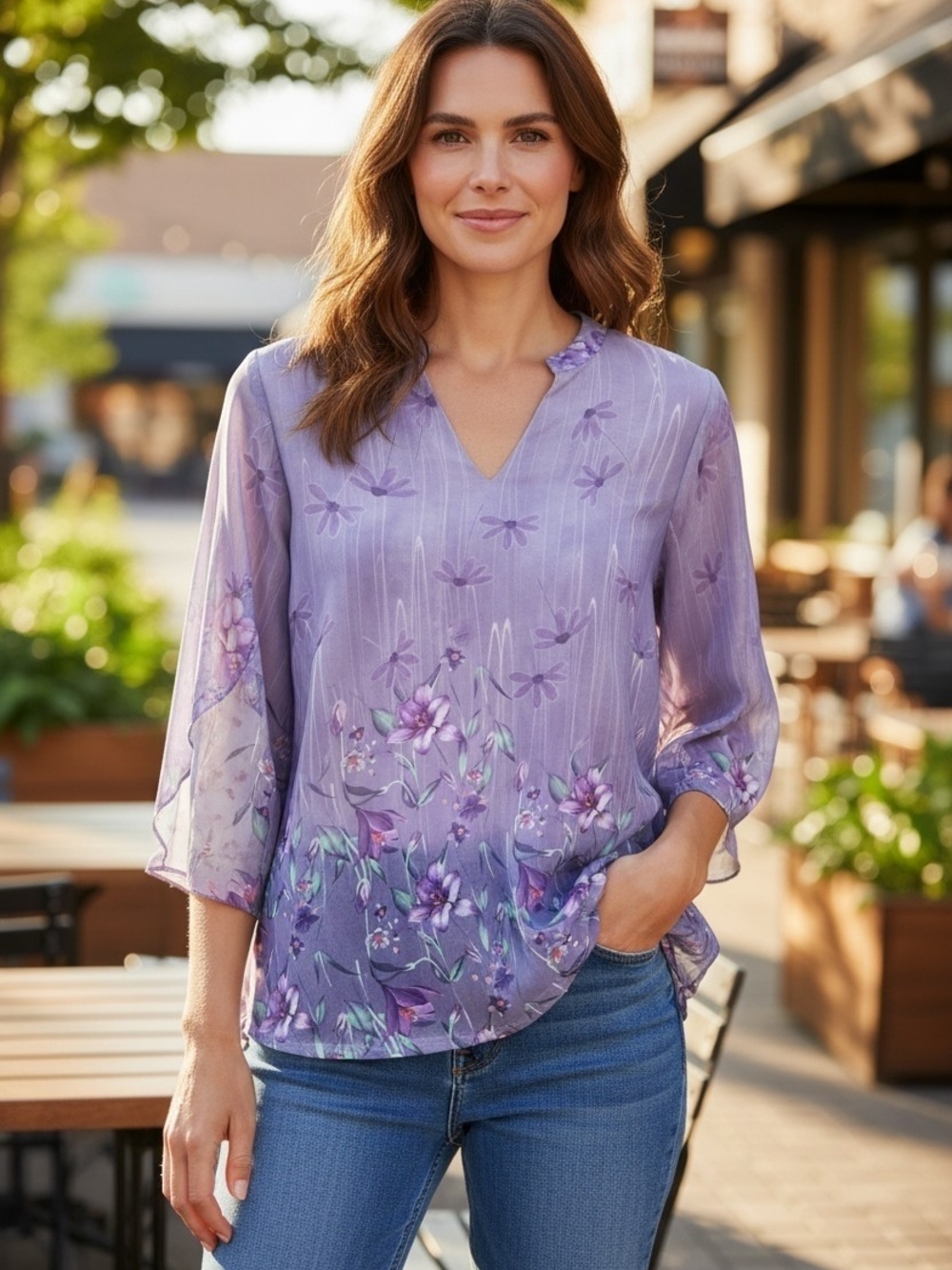 Women's Lavender Floral V-Neck Blouse with Sheer Sleeves